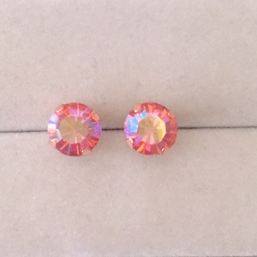 Iridescent Pink Rose Aurora Borealis Shimmer + Rose Gold Crystal Earrings - Picture 11 of 11